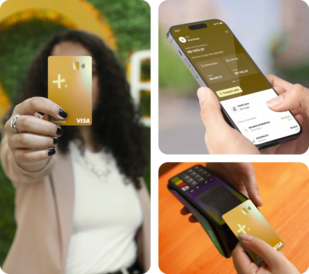 Mulher segurando um cartÃ£o de multibeneficios da 7Santas