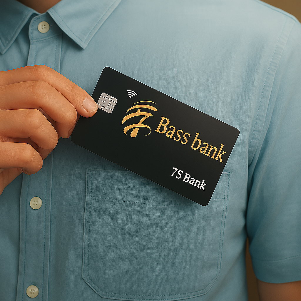 Homem colocando um cartÃ£o Black do banco digital 7Santas em seu bolso da camisa